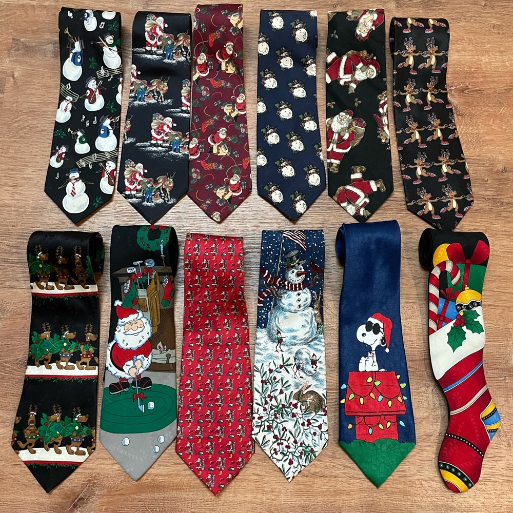 Festive Holiday Ties Collection (12) Variety of Materials Designs Some Vintage